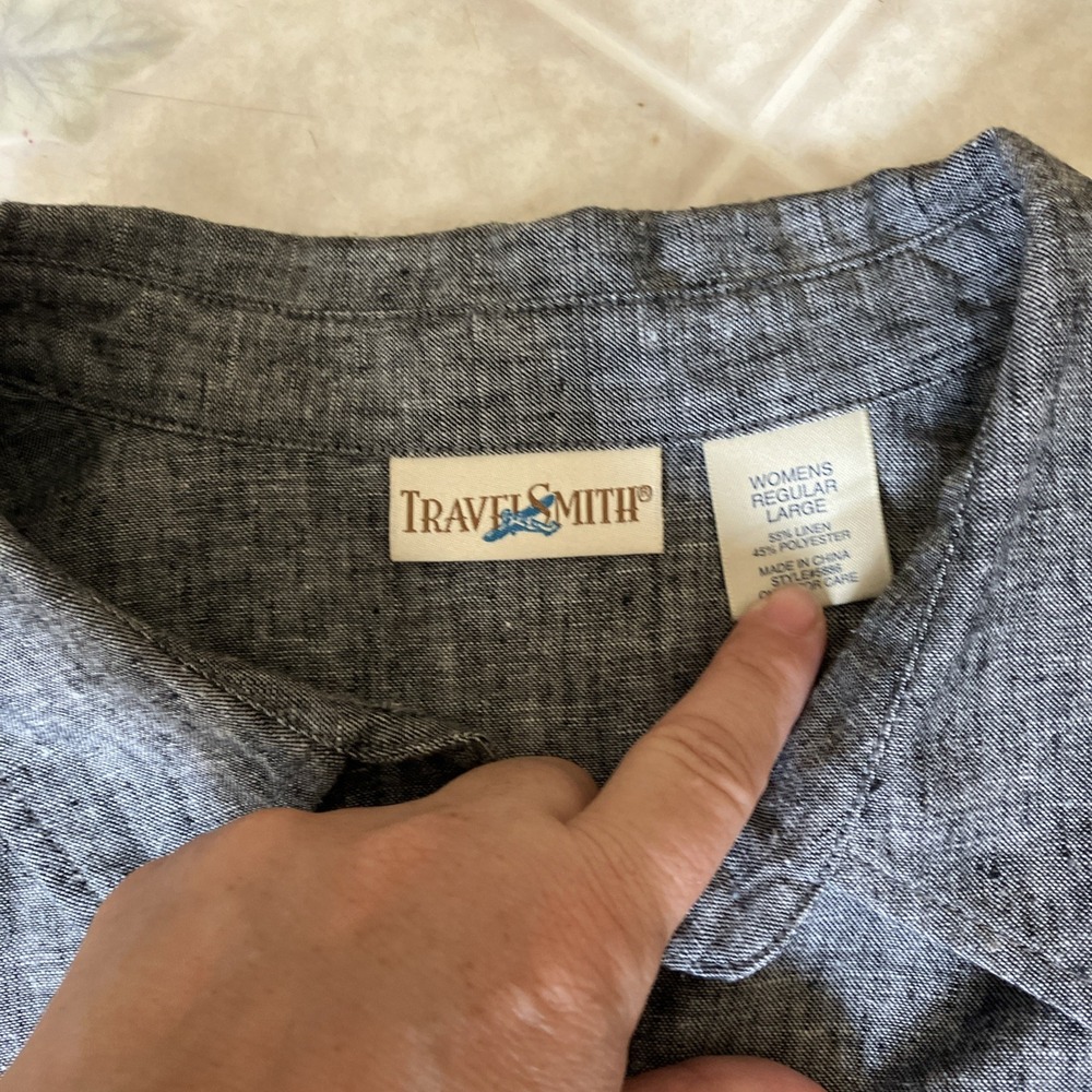 Travel Smith Large Gray Roll Tab Linen Button Down Shirt Euro Summer Lagenlook - Picture 3 of 5